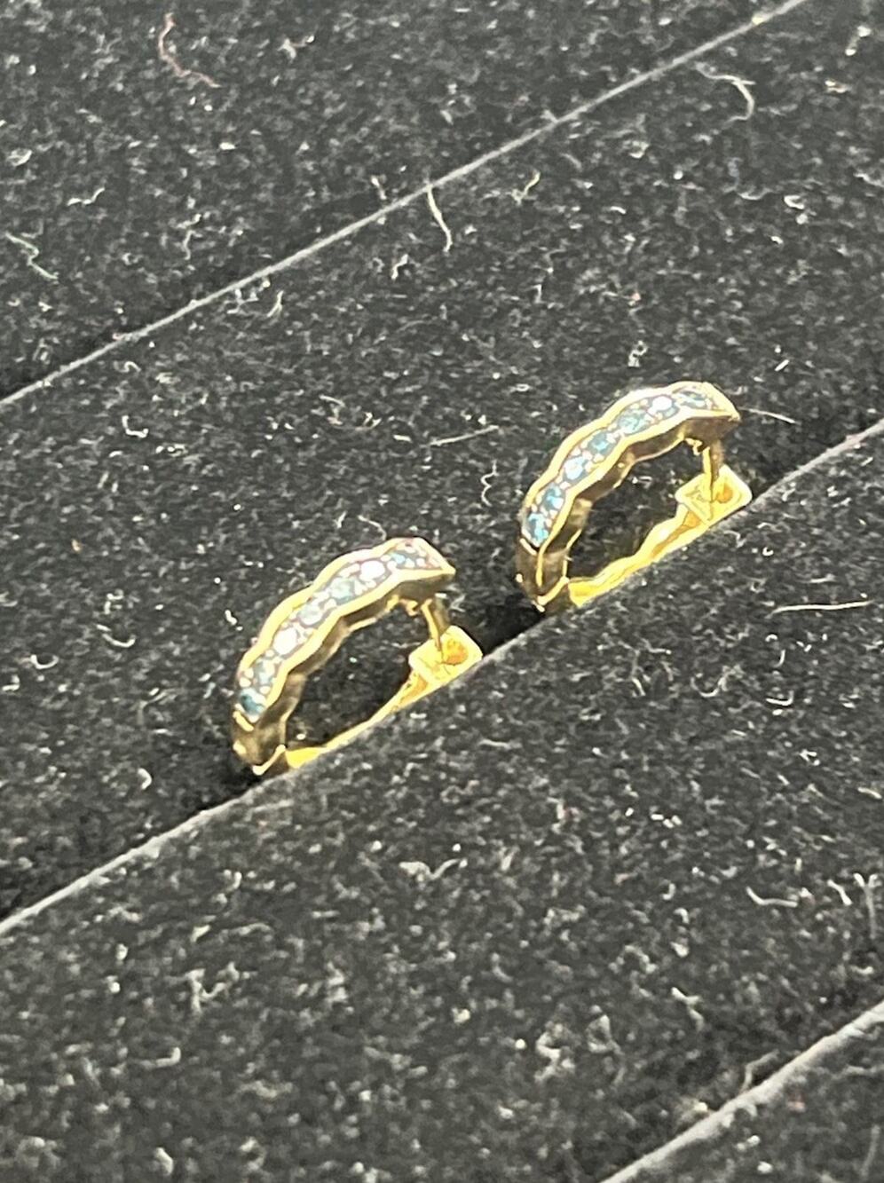 Gold Tone 925 Sterling Silver Blue CZ Accent Textured Hoop Earrings